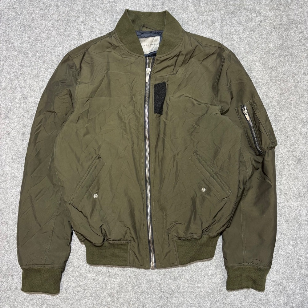 Zara Man Olive Green Bomber Jacket Full Zip Flight Coat Mens Medium